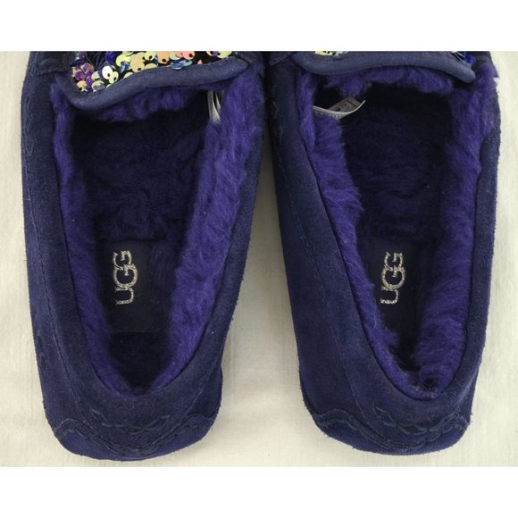 EUC UGG Ansley Stellar Sequin Suede Slip-on Slippers | Moccasin, Navy, Sz. 6 - Picture 6 of 8